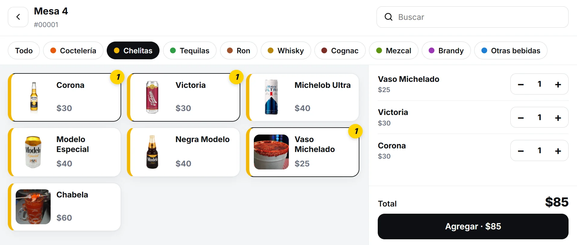 Pantalla para tomar la orden de la mesa 4: cervezas con foto por categoría y total de $85