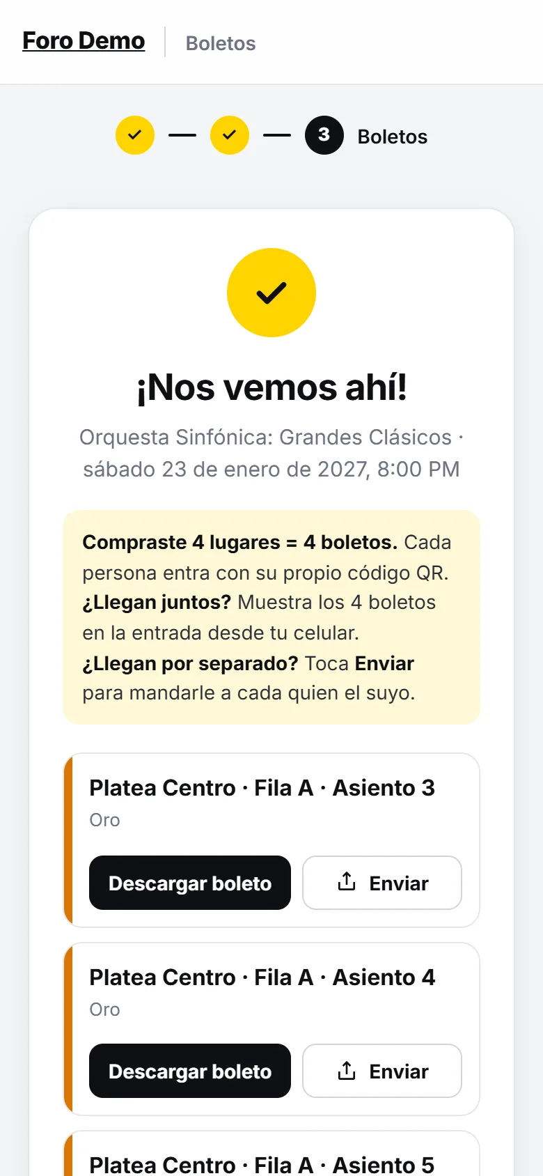Pantalla Nos vemos ahí con cuatro boletos listos para descargar o enviar