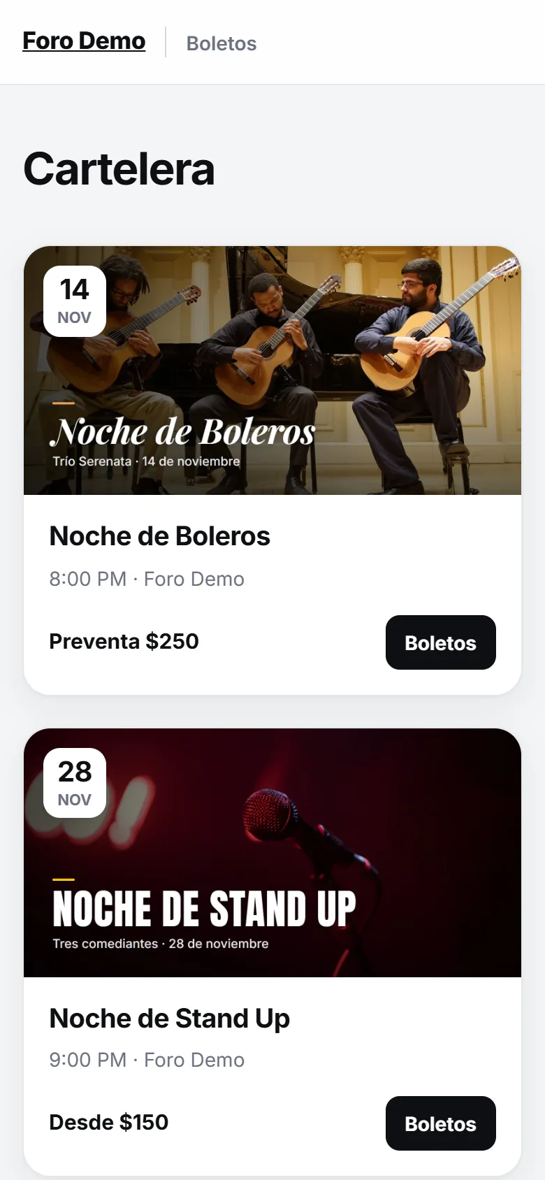Cartelera en el celular con Noche de Boleros y Noche de Stand Up