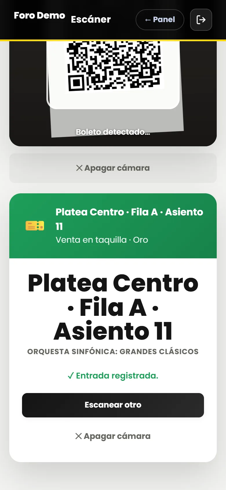 Entrada registrada para Platea Centro, Fila A, Asiento 11