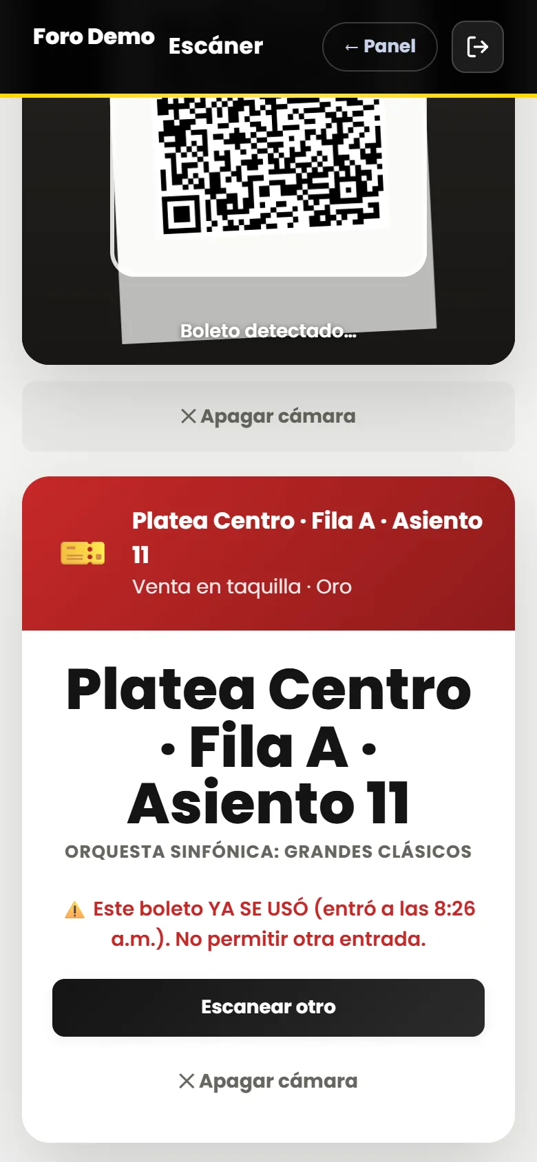 Aviso en rojo: este boleto ya se usó, con la hora de entrada