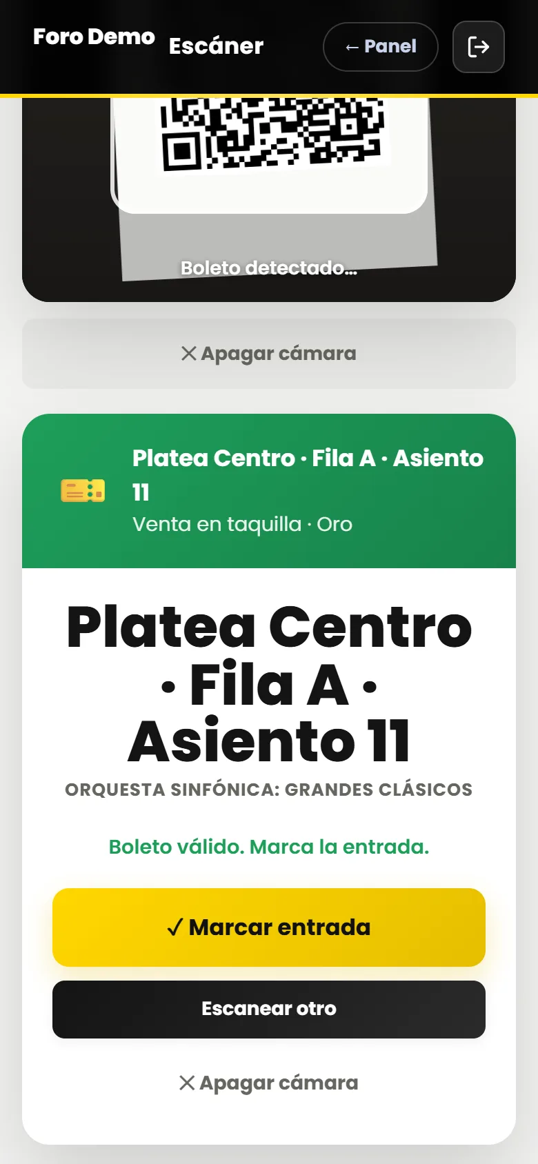 Boleto válido: Platea Centro, Fila A, Asiento 11, con el botón Marcar entrada