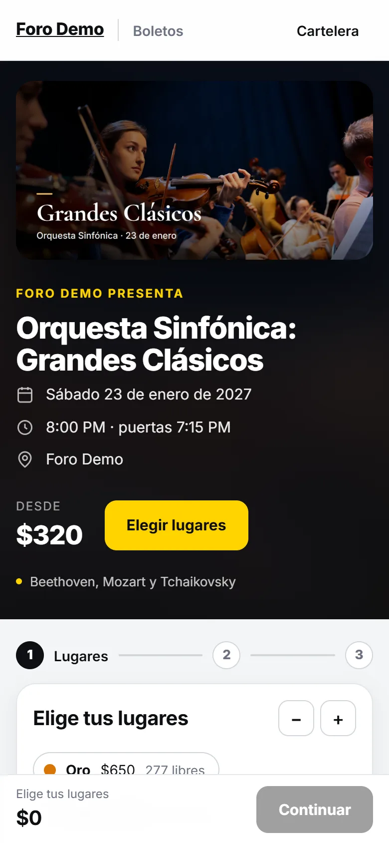 Página del evento en el celular con fecha, precio desde $320 y botón Elegir lugares