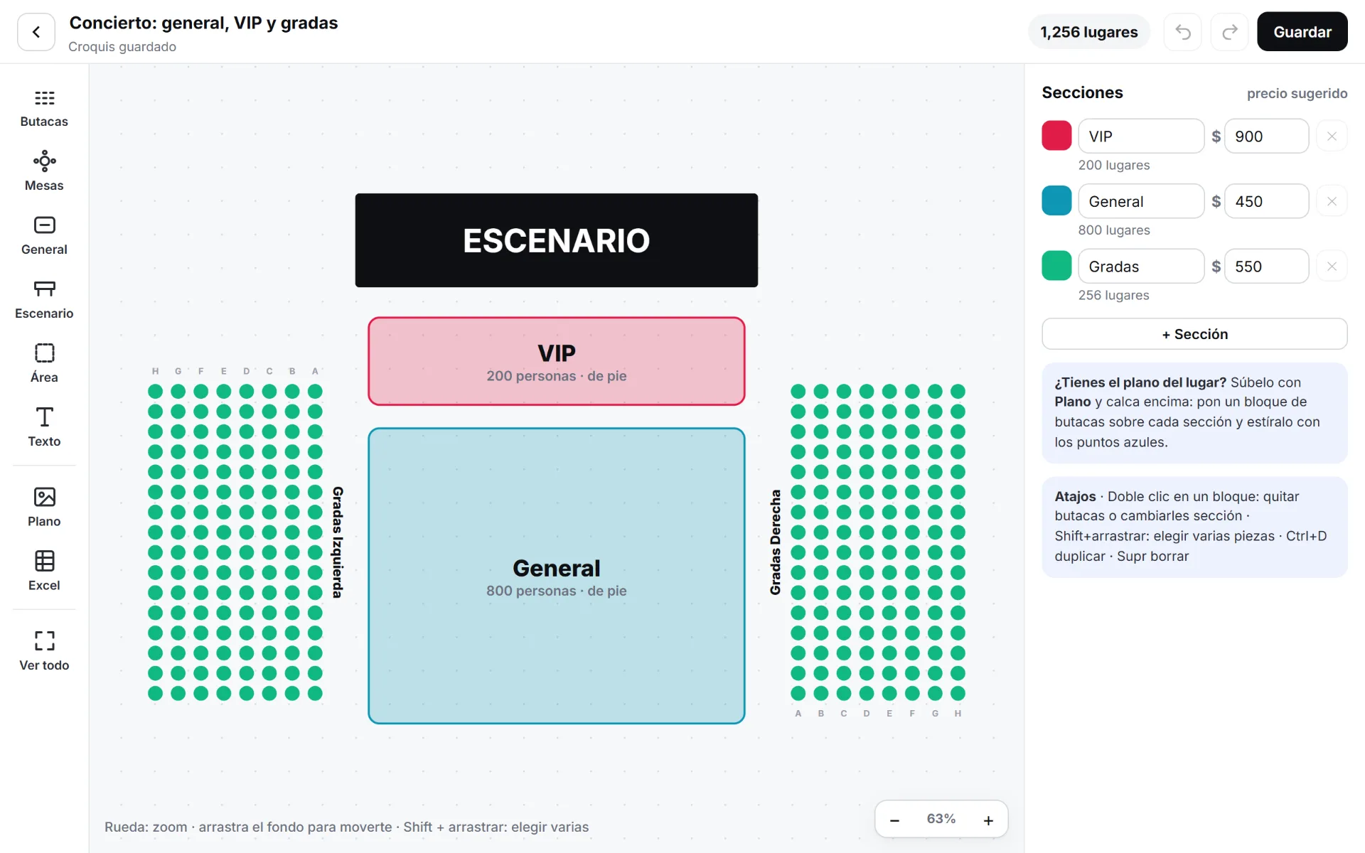 Editor de croquis de concierto con VIP y General de pie y gradas numeradas: 1,256 lugares