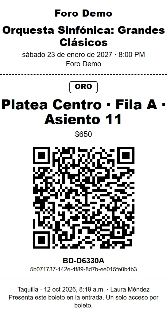 Boleto impreso de 80 mm: Platea Centro, Fila A, Asiento 11, sección Oro, con código QR y folio BD-D6330A