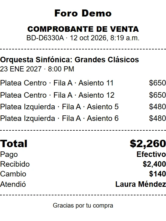 Comprobante de venta impreso: total $2,260, pago en efectivo, recibido $2,400 y cambio $140