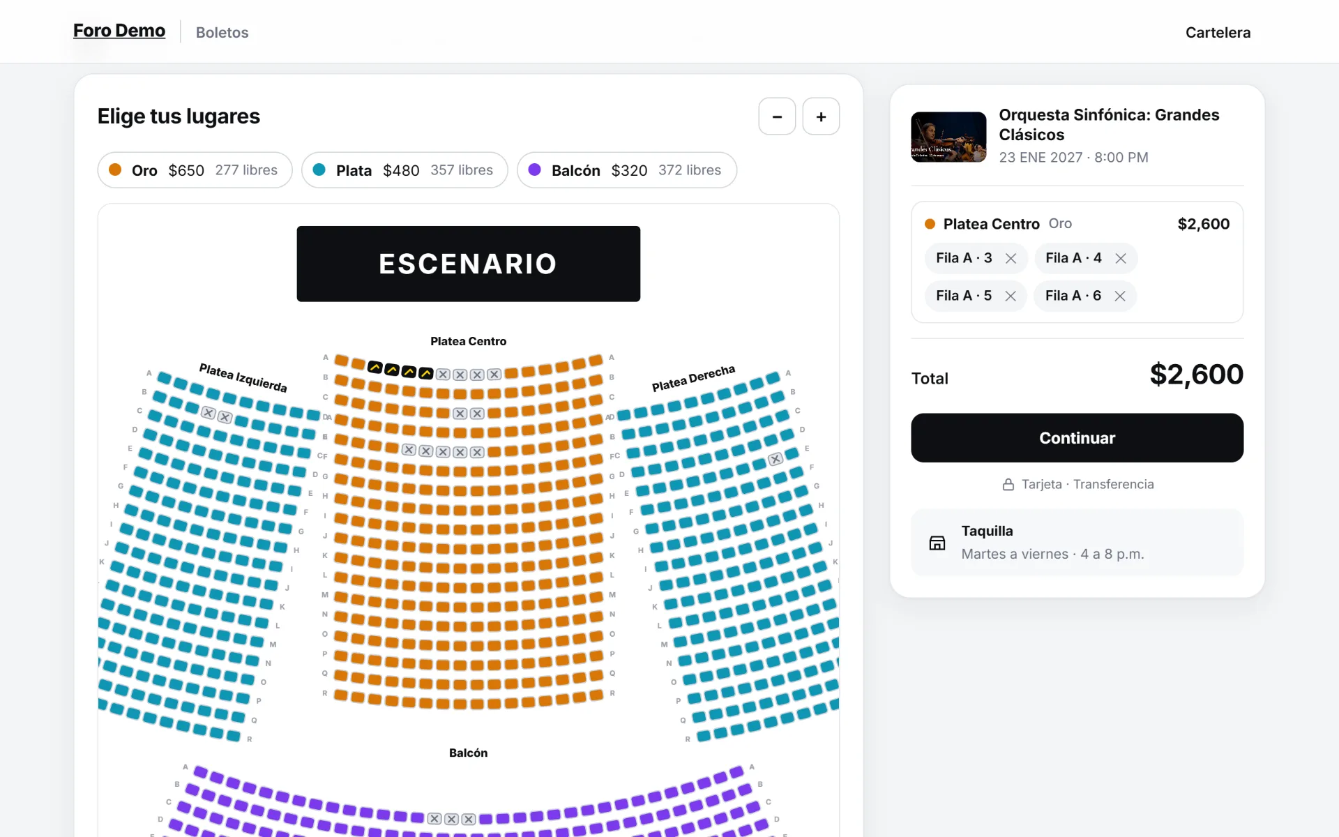 Página del evento con el croquis del auditorio: cuatro butacas elegidas en Platea Centro y total de $2,600